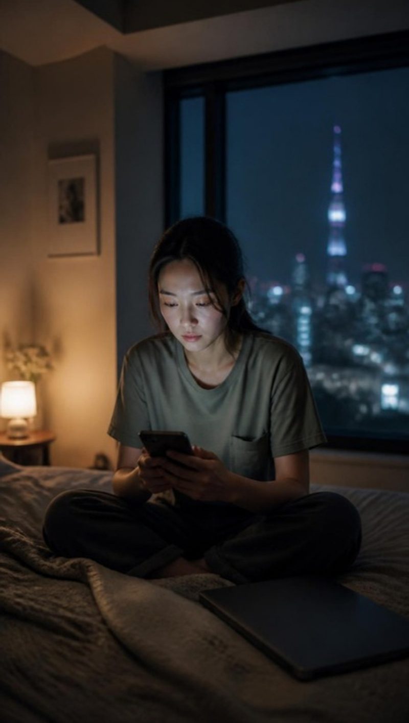 A woman sitting on her bed late at night, lit by her phone, looking thoughtful